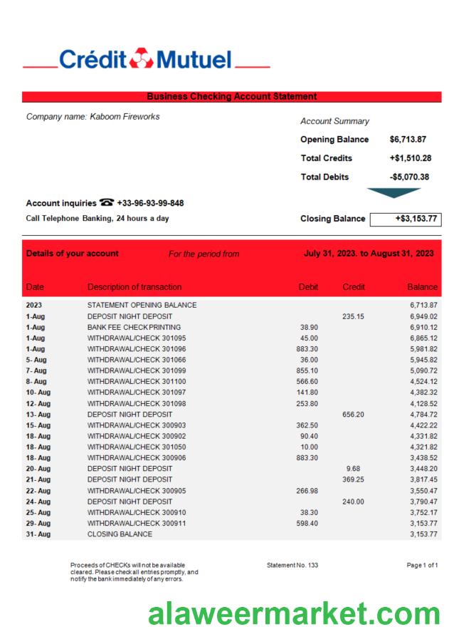Credit Mutuel Bank firm account statement Word and PDF template